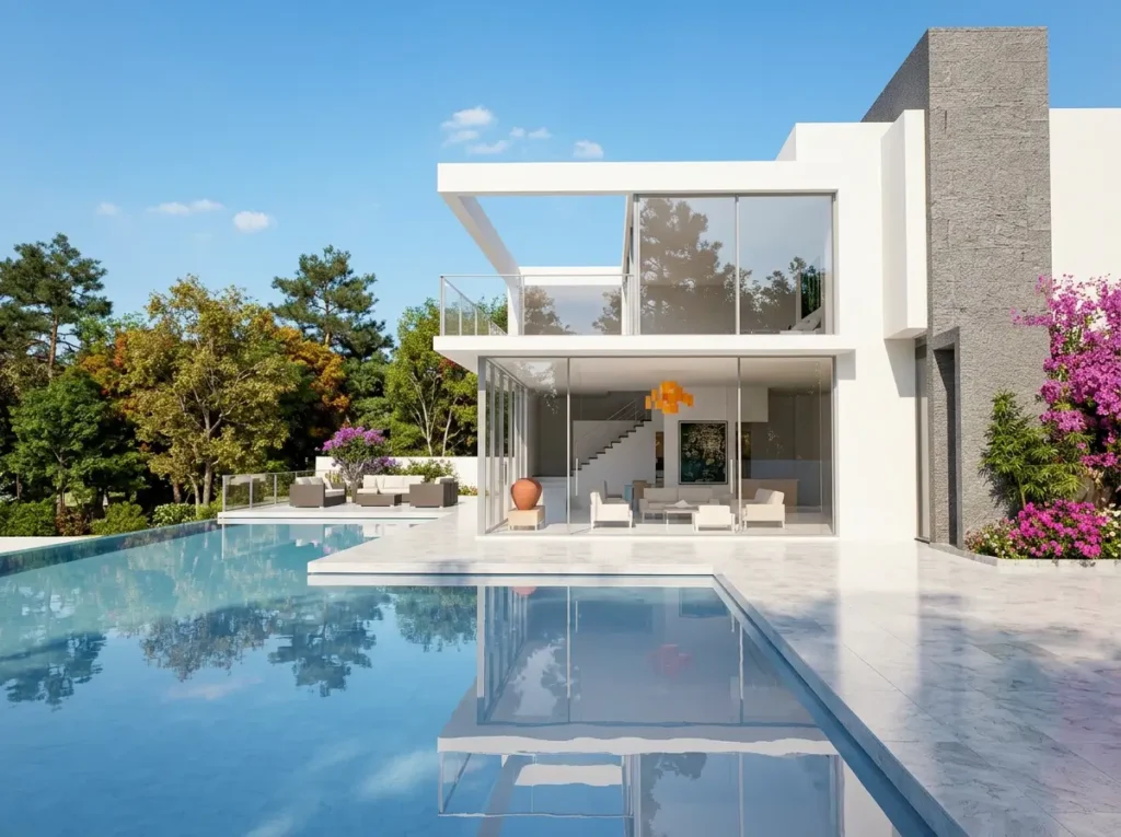 Maison moderne blanche avec une belle piscine
