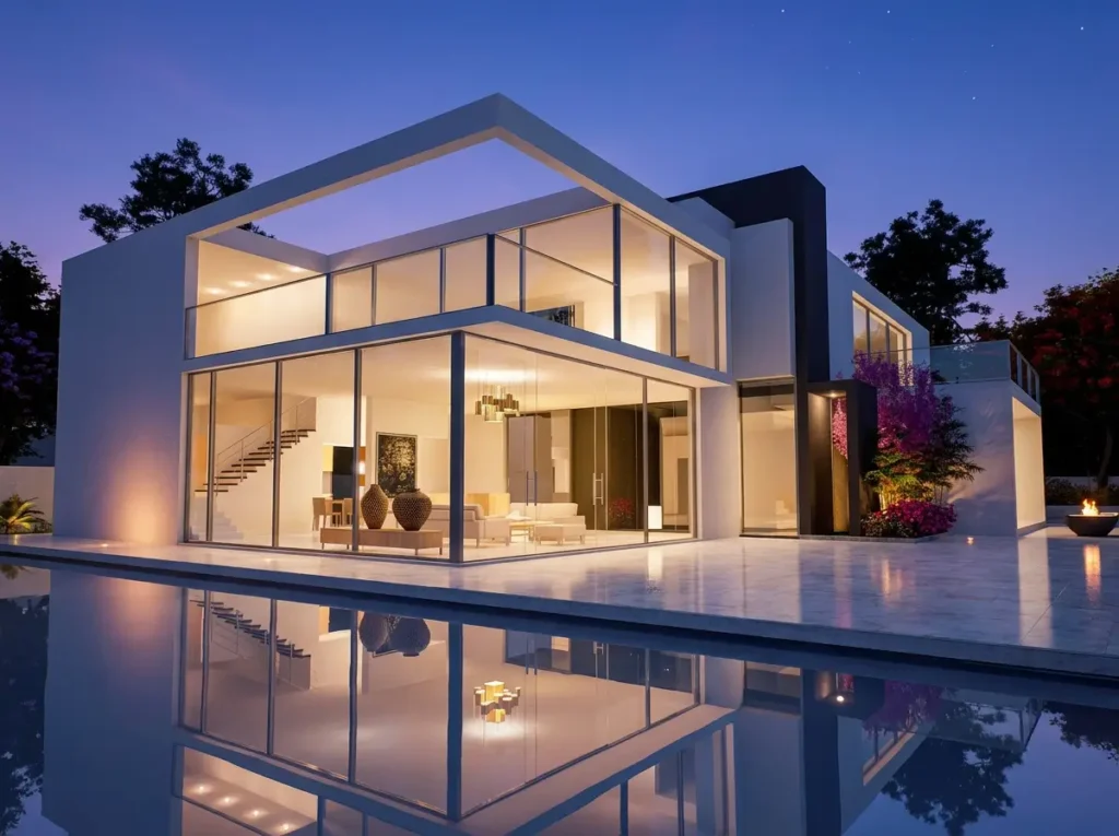 Maison éclairée de nuit avec une magnifique piscine marquiant immobilier