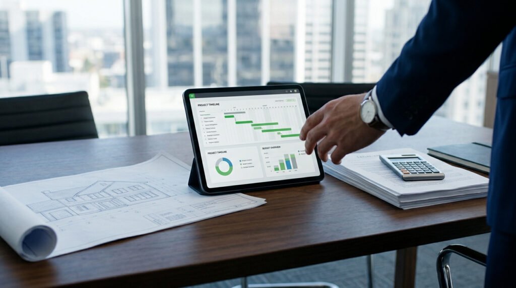 Un professionnel utilisant une tablette affichant un tableau de bord de gestion de projet dans un bureau moderne.