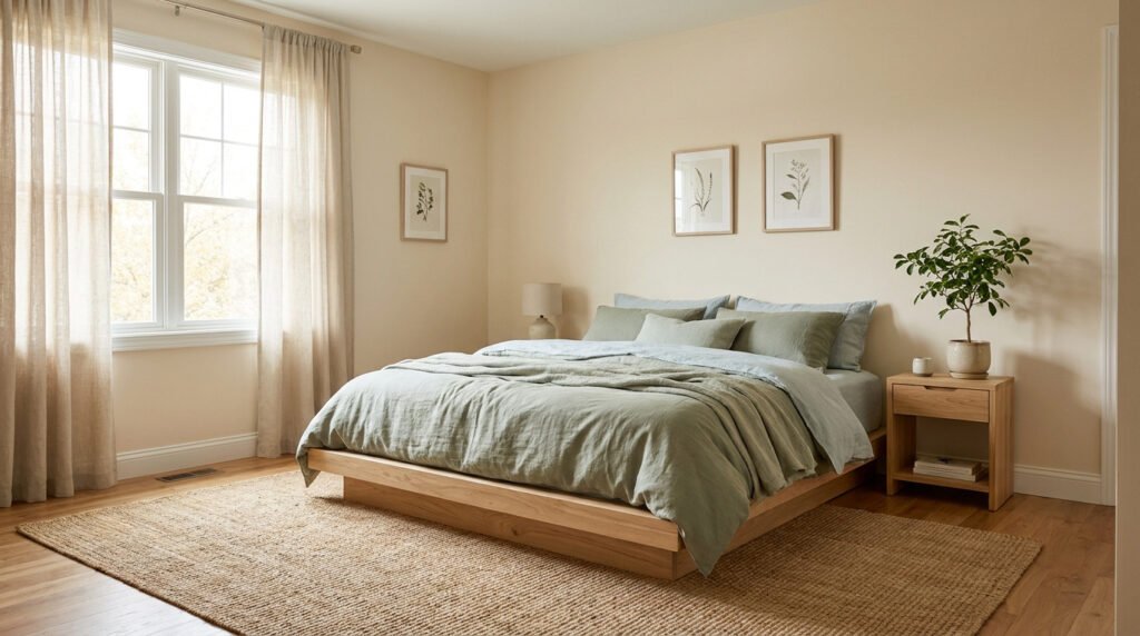 Chambre lumineuse aux murs beiges, lit en bois avec parure de lit vert sauge, tapis en jute et décoration naturelle.