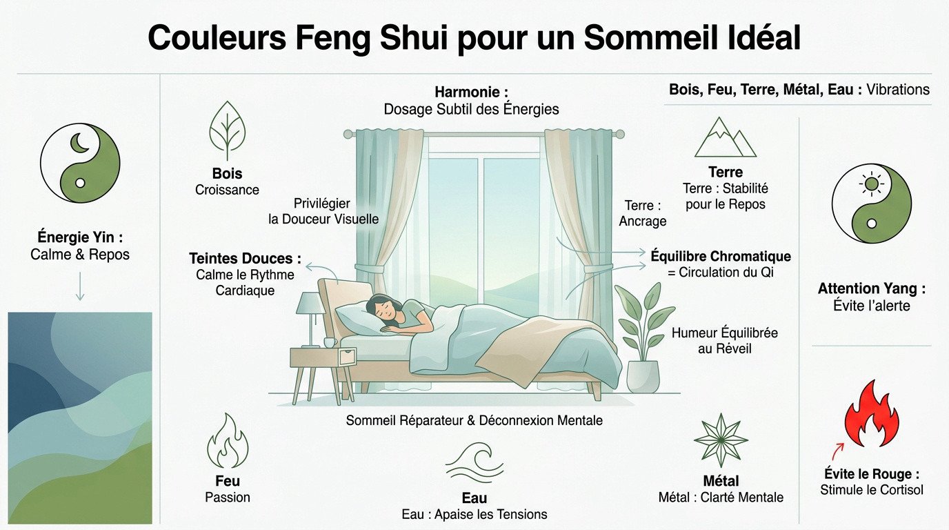 Palette de couleurs apaisantes pour une chambre feng shui favorisant le sommeil
