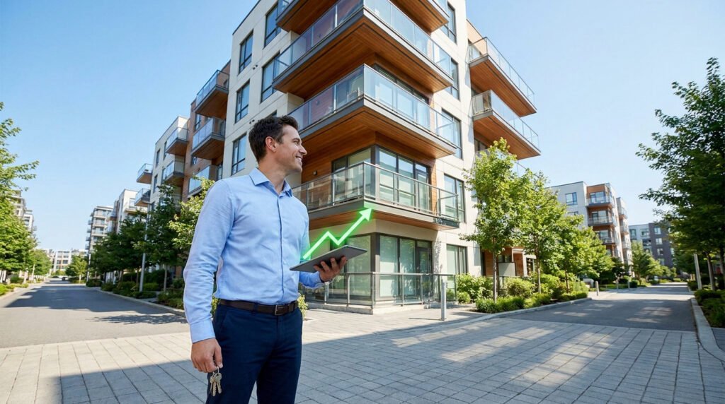 Un homme en chemise tient une tablette avec une flèche verte ascendante devant un immeuble résidentiel moderne.
