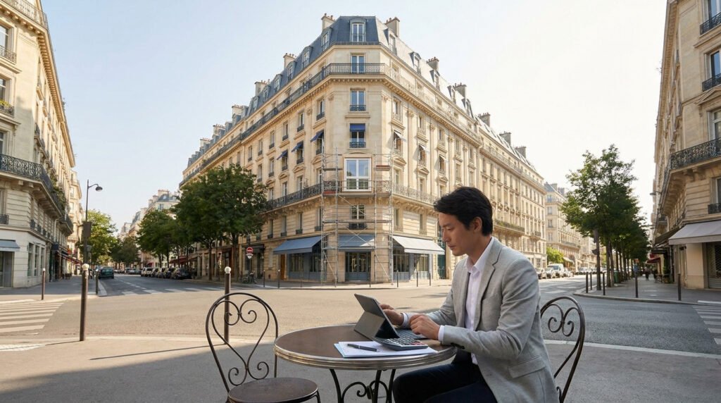 Un homme d'affaires travaille sur une tablette à la terrasse d'un café face à un immeuble haussmannien en rénovation.