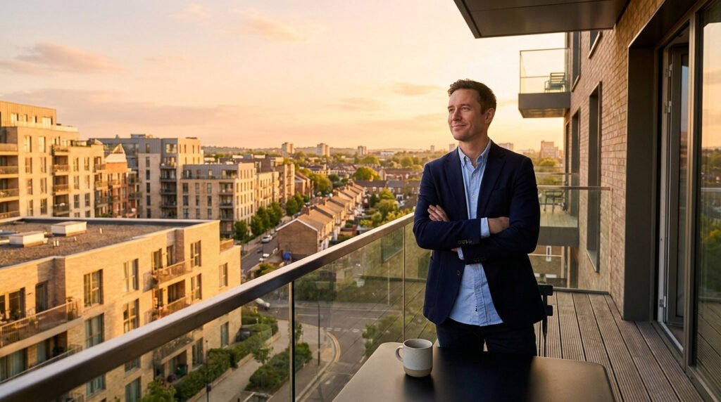 Homme d'affaires confiant contemplant une ville depuis son balcon moderne au coucher du soleil.