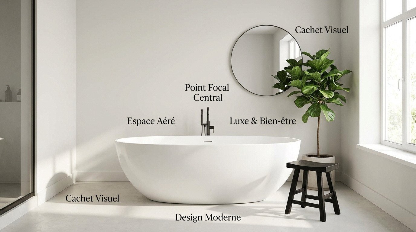 Salle de bain moderne &eacute;quip&eacute;e d'une baignoire &icirc;lot design et &eacute;pur&eacute;e