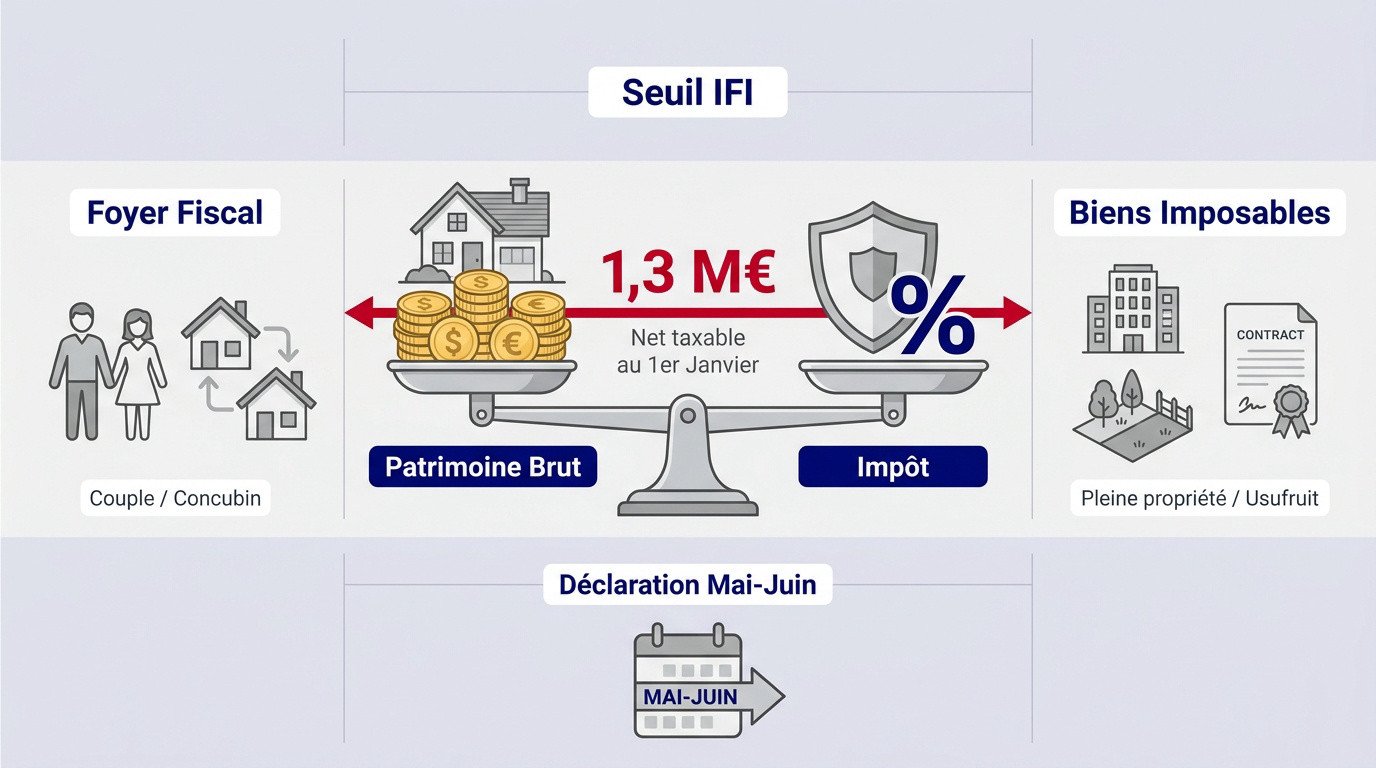 Graphique expliquant le seuil d'imposition de l'IFI et le barème progressif du patrimoine immobilier