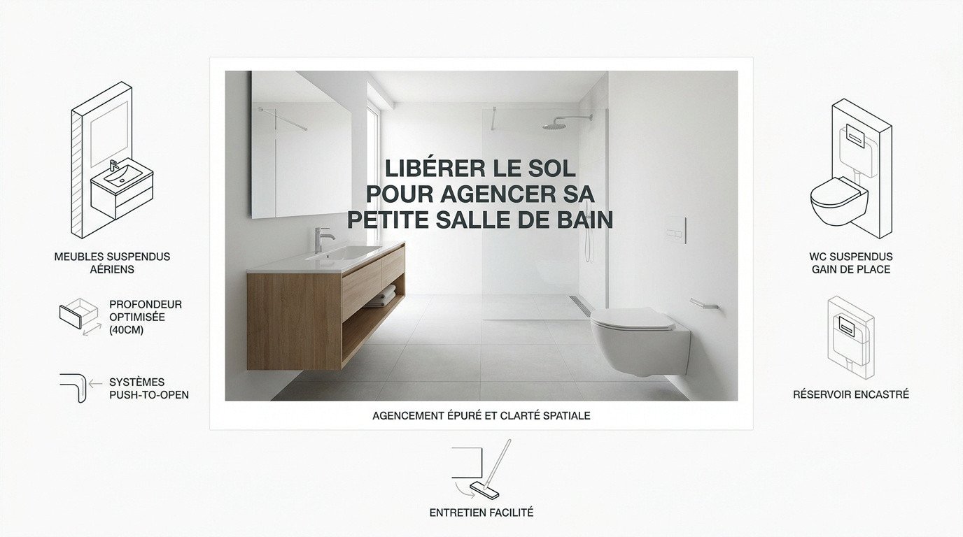 Aménagement d'une petite salle de bain avec meuble vasque suspendu et tons clairs pour optimiser l'espace