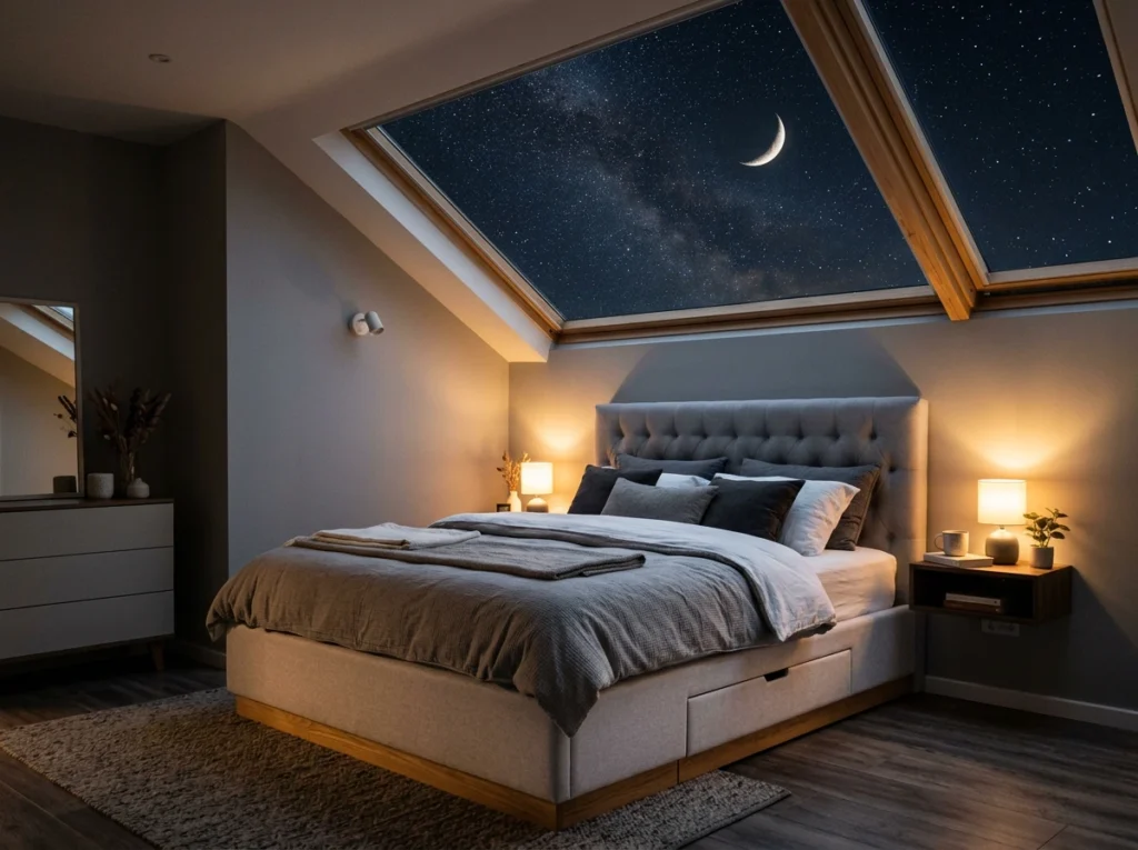 chambre adulte avec lit rangements intégrés et tête de lit capitonnée