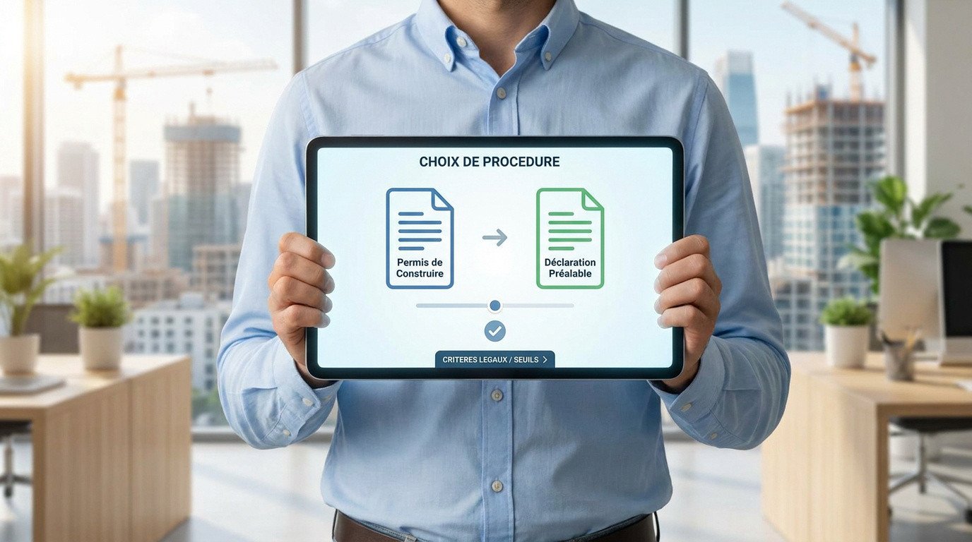 Une personne tenant une tablette affichant le choix entre Permis de construire et Déclaration préalable.