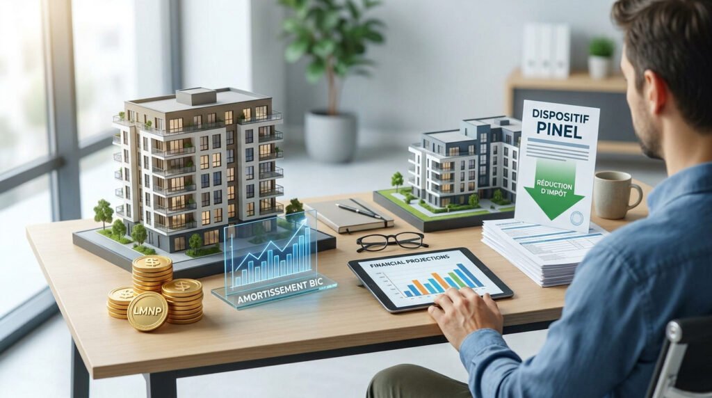 Un investisseur compare des maquettes immobilières, des projections financières et des dispositifs LMNP et Pinel sur son bureau.