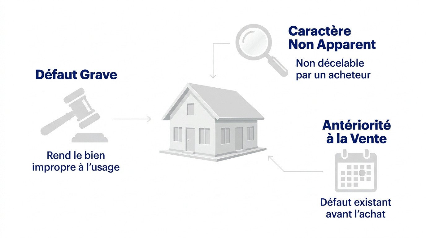 Schéma explicatif des critères légaux du vice caché immobilier