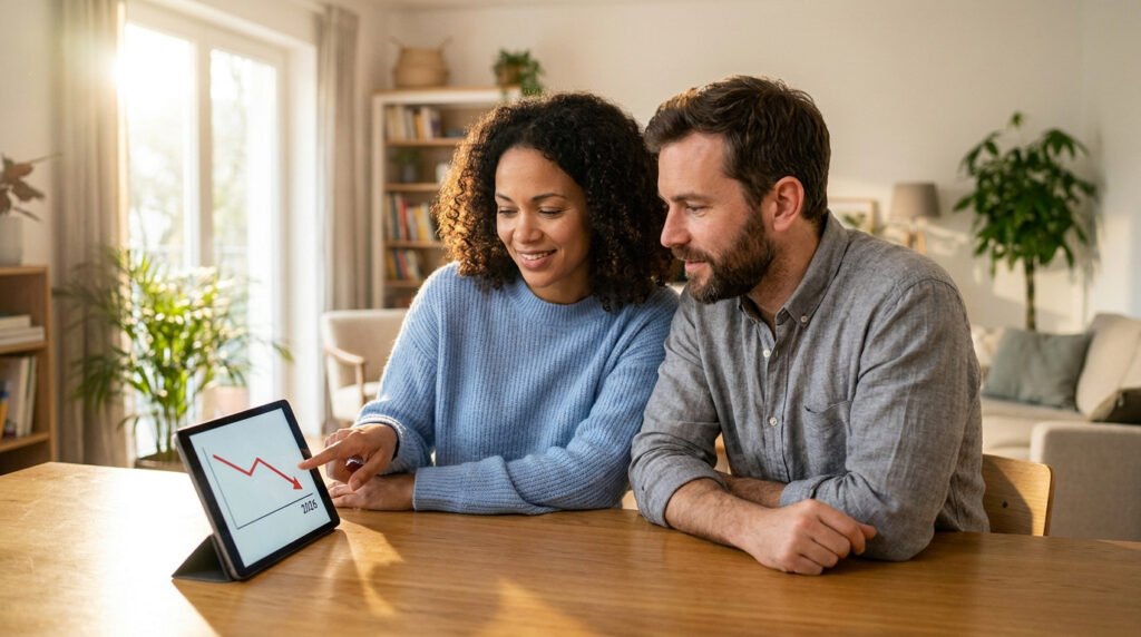 Un couple regarde une tablette affichant un graphique de baisse de taux d'intérêt.