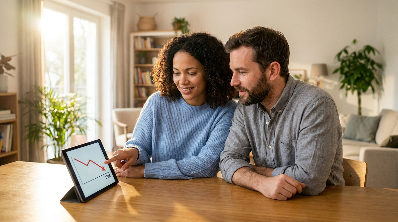 Un couple regarde une tablette affichant un graphique de baisse de taux d'intérêt.