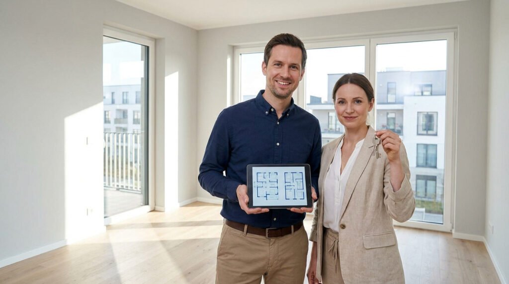 Un couple souriant dans un appartement vide, tenant une tablette avec un plan d'architecte et les clés du logement.