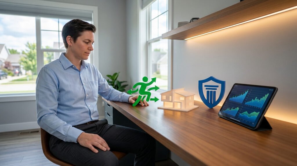 Une personne assise devant un bureau avec une maquette de maison, un logo de bouclier et une tablette avec des graphiques.