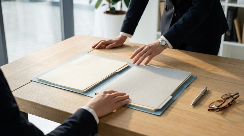 Deux professionnels en costume examinant un dossier ouvert sur une table en bois pour une signature de contrat.