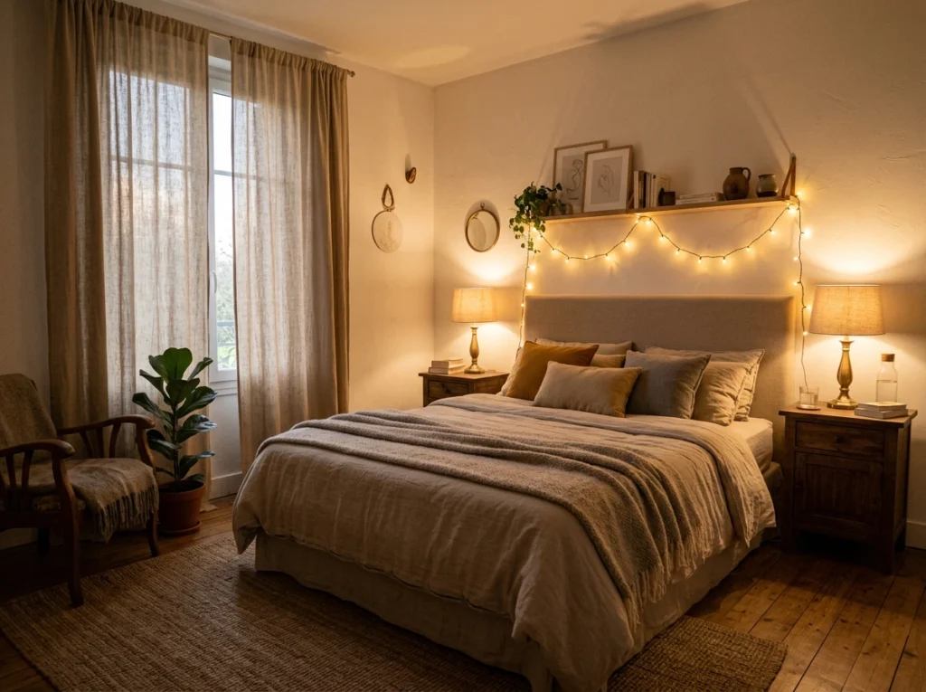 éclairage chambre adulte lampes chevet guirlandes lumière tamisée