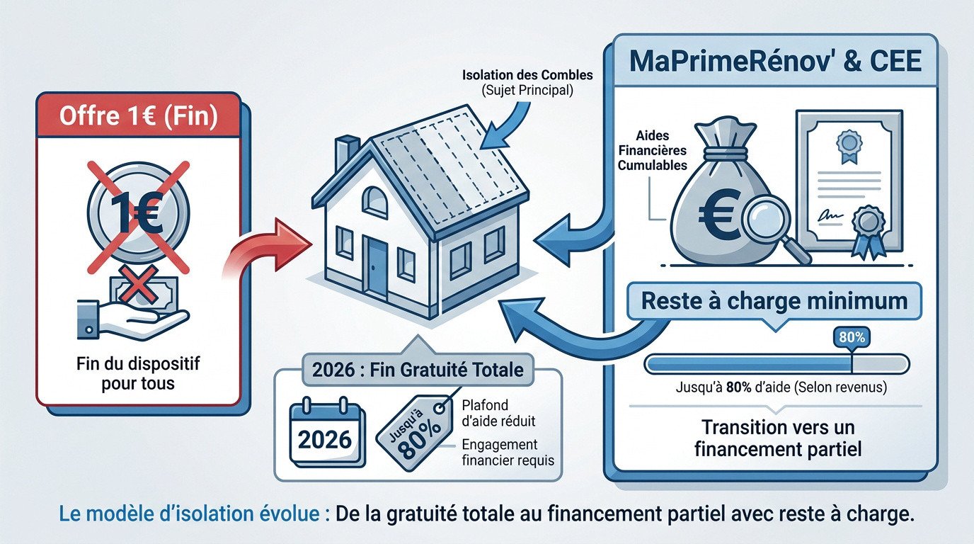 Graphique montrant l'évolution des aides à l'isolation des combles entre 2021 et 2026
