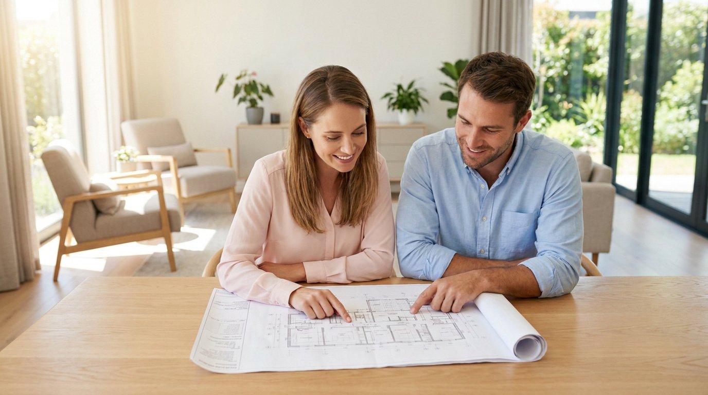Un couple souriant examine ensemble les plans architecturaux de leur future maison sur une table en bois.