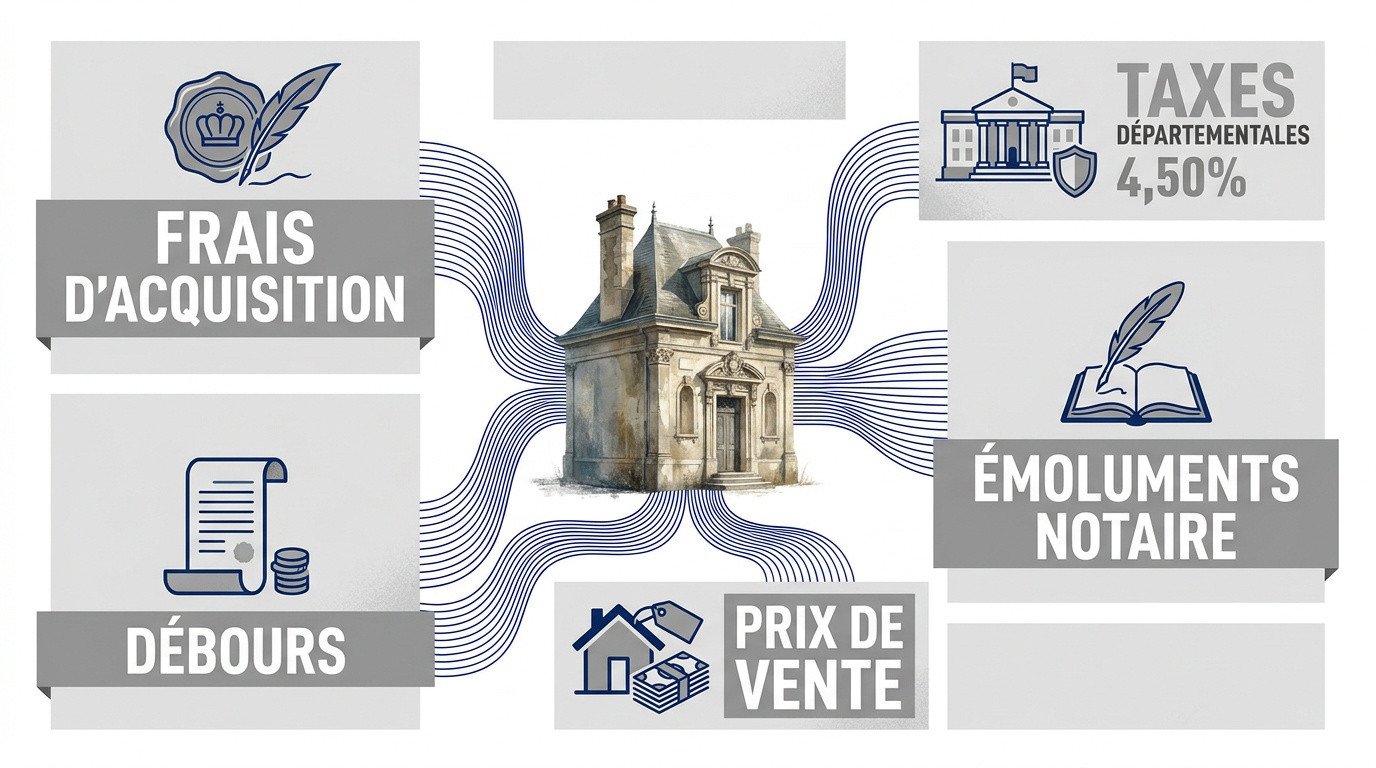 Graphique détaillé de la répartition des frais d'acquisition immobilière dans l'ancien