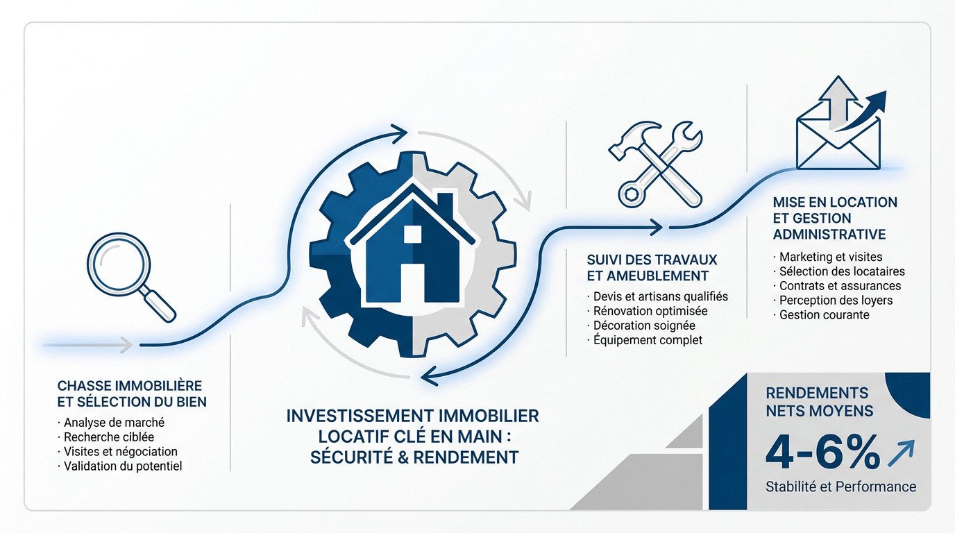 Infographie expliquant les étapes de l'investissement immobilier locatif clé en main