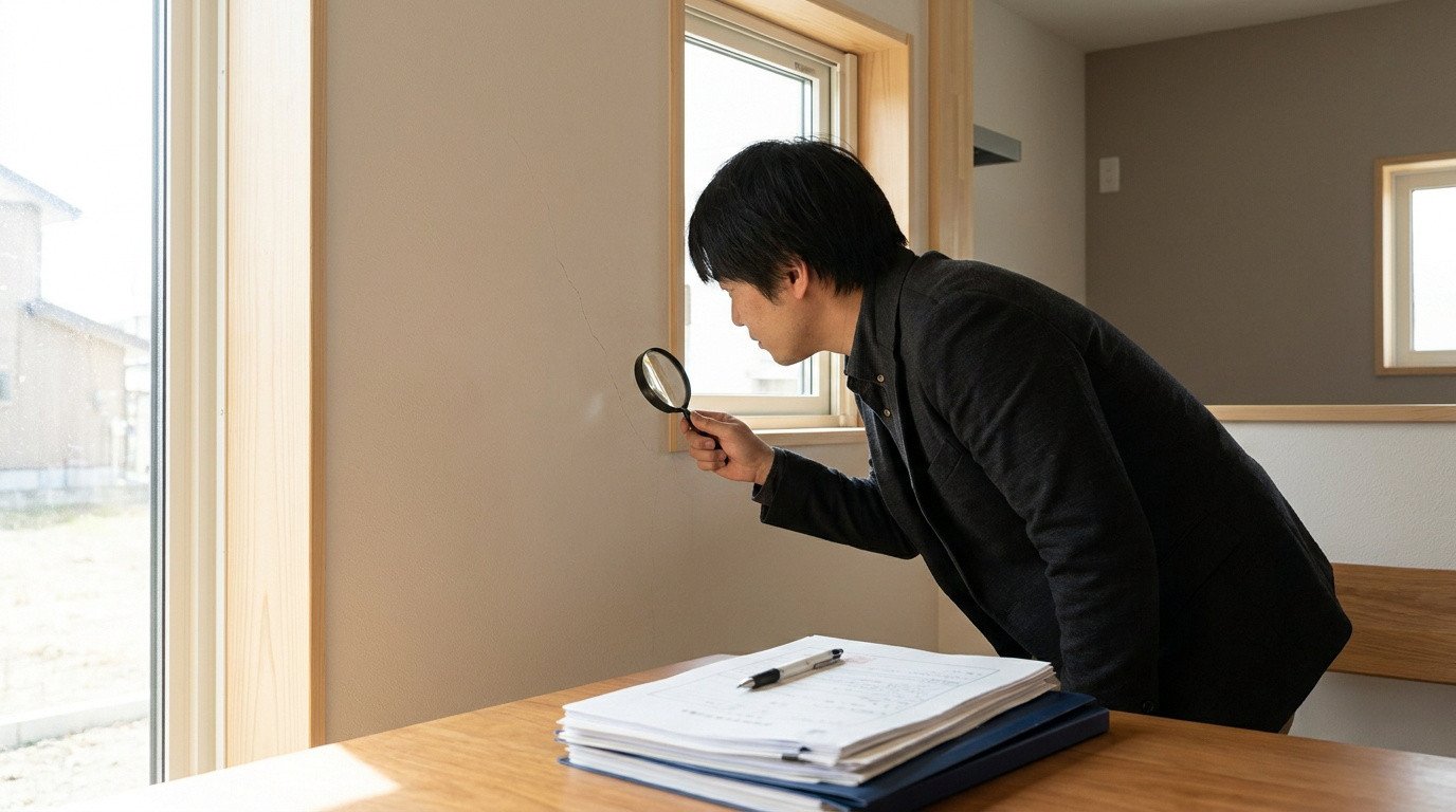 Un homme en costume examine une fissure sur un mur avec une loupe, des documents posés sur une table au premier plan.
