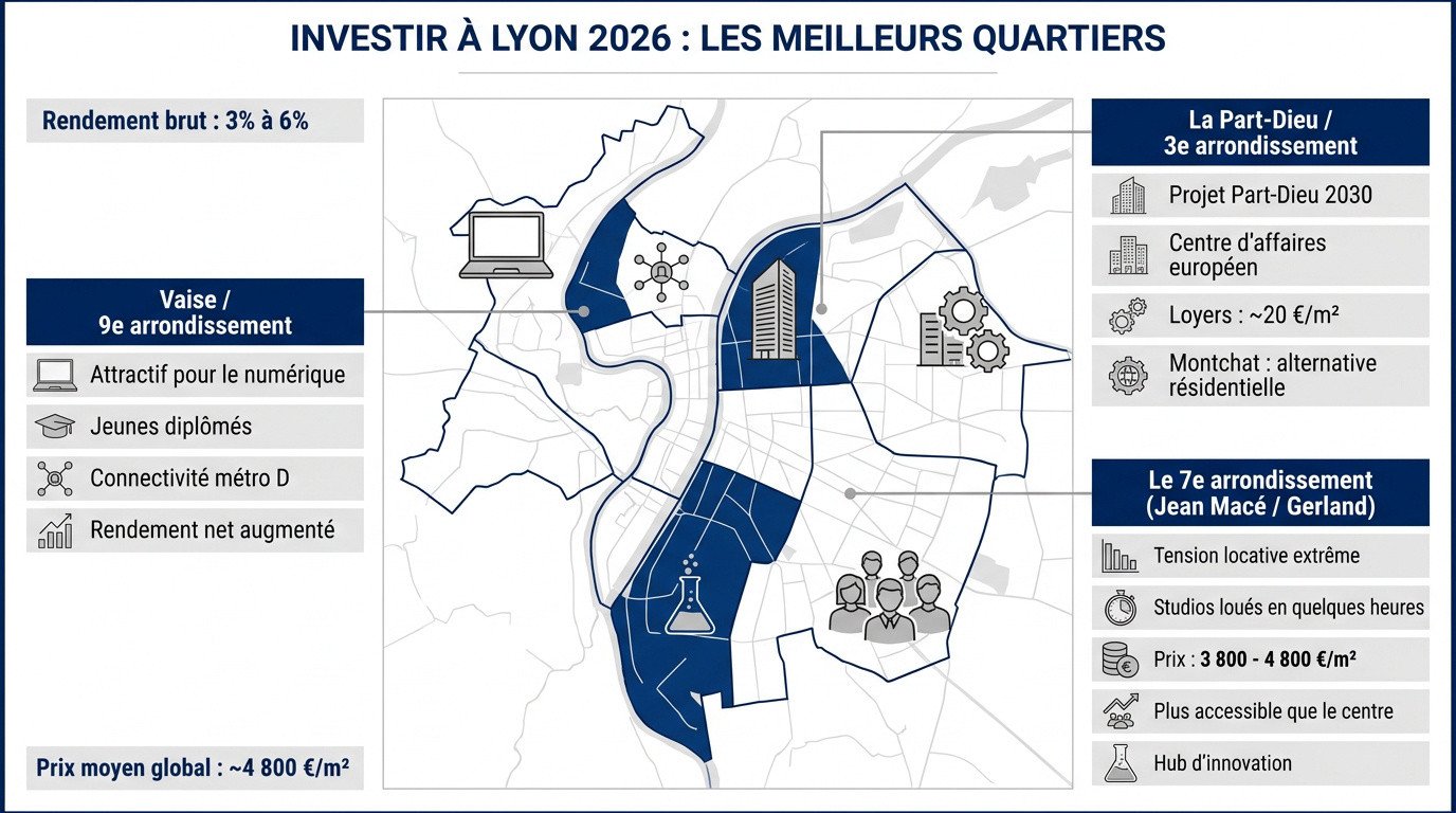 Vue aérienne des quartiers en développement à Lyon pour un investissement immobilier en 2026