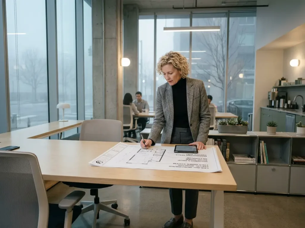 investisseur immobilier planifiant un studio avec lit escamotable au plafond