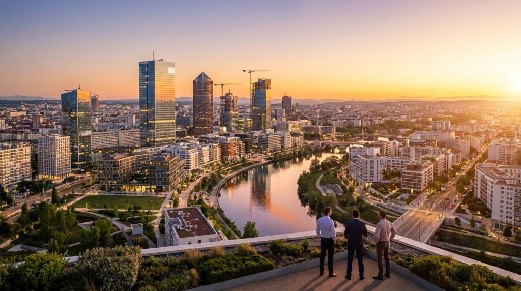 Trois hommes en costume observent le coucher du soleil sur le quartier d'affaires de la Part-Dieu à Lyon.