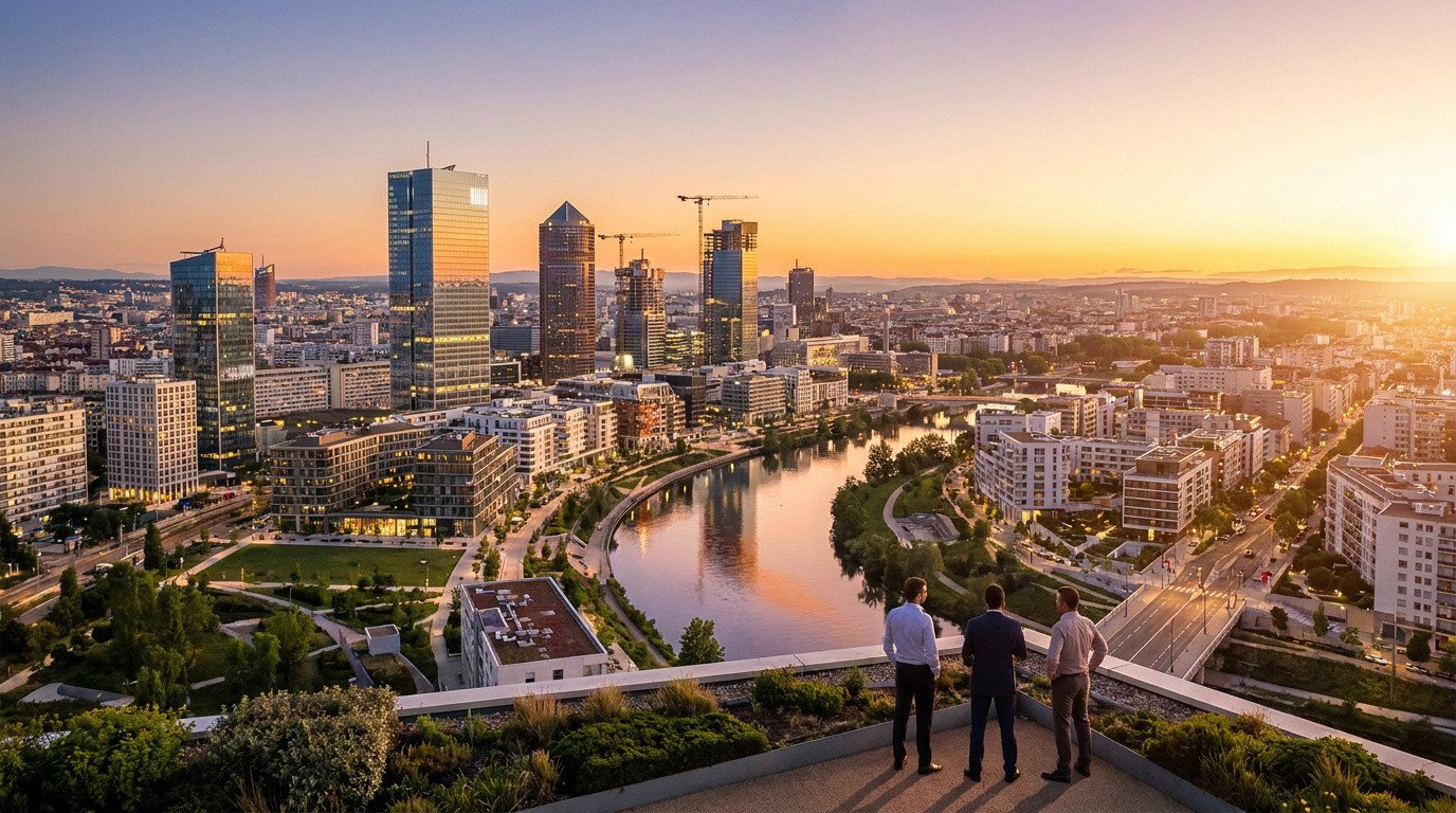 Trois hommes en costume observent le coucher du soleil sur le quartier d'affaires de la Part-Dieu à Lyon.