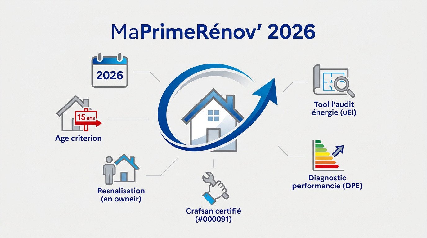 Schéma des conditions d'éligibilité MaPrimeRénov' 2026 pour la rénovation énergétique