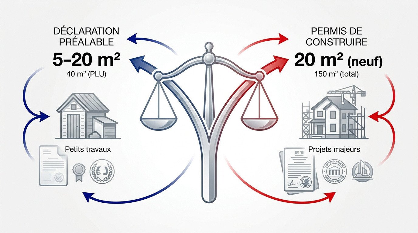 Comparaison entre les seuils de surface pour permis de construire et déclaration préalable