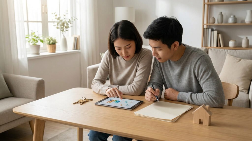 Un jeune couple assis à une table examine un graphique financier sur une tablette numérique.