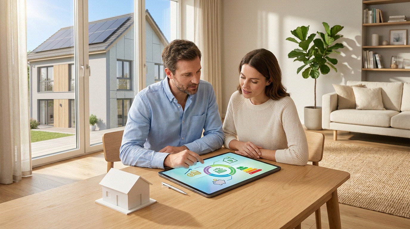 Un couple consulte une tablette sur la rénovation énergétique devant une maison moderne équipée de panneaux solaires.