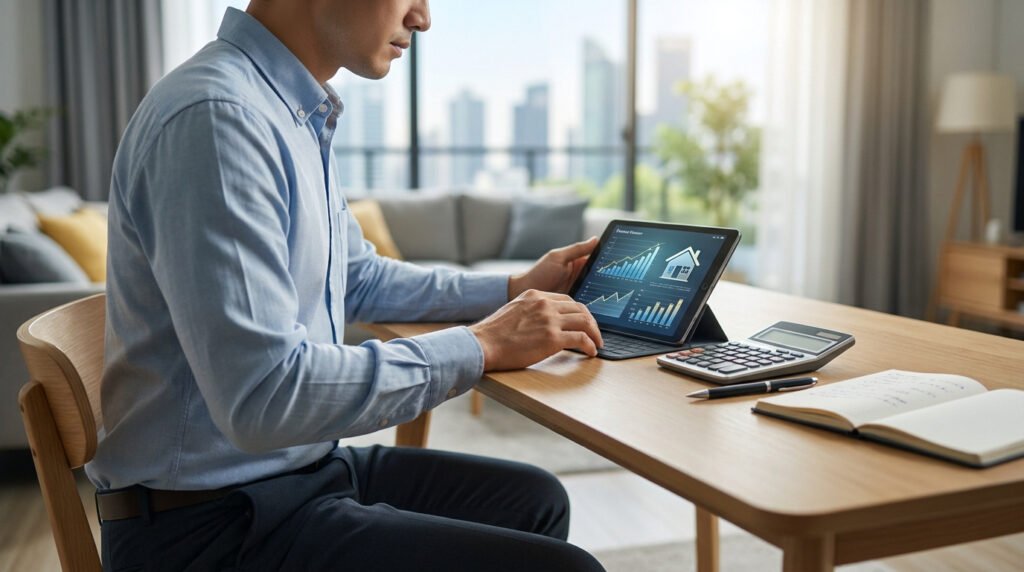 Un homme en chemise bleue utilisant une tablette pour analyser des graphiques financiers immobiliers sur un bureau.