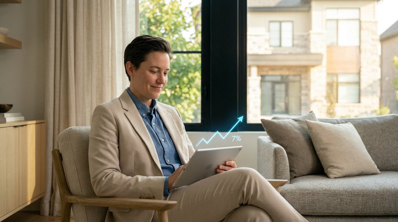 Une personne en costume utilisant une tablette avec un graphique de croissance de 7% en surimpression.