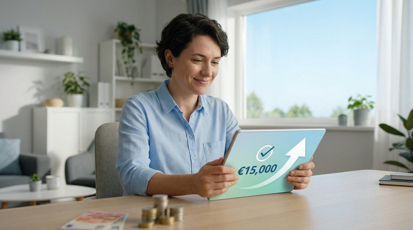 Une femme souriante consulte une tablette affichant 15 000 € d'économies grâce à la loi Lemoine.