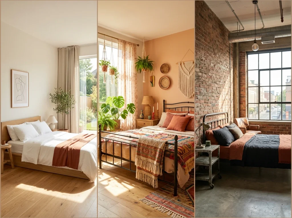 tendances déco chambre adulte minimaliste bohème industriel comparatif
