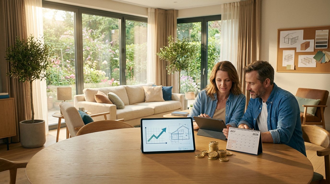 Couple planifiant des travaux de rénovation énergétique avec des aides financières sur une tablette.