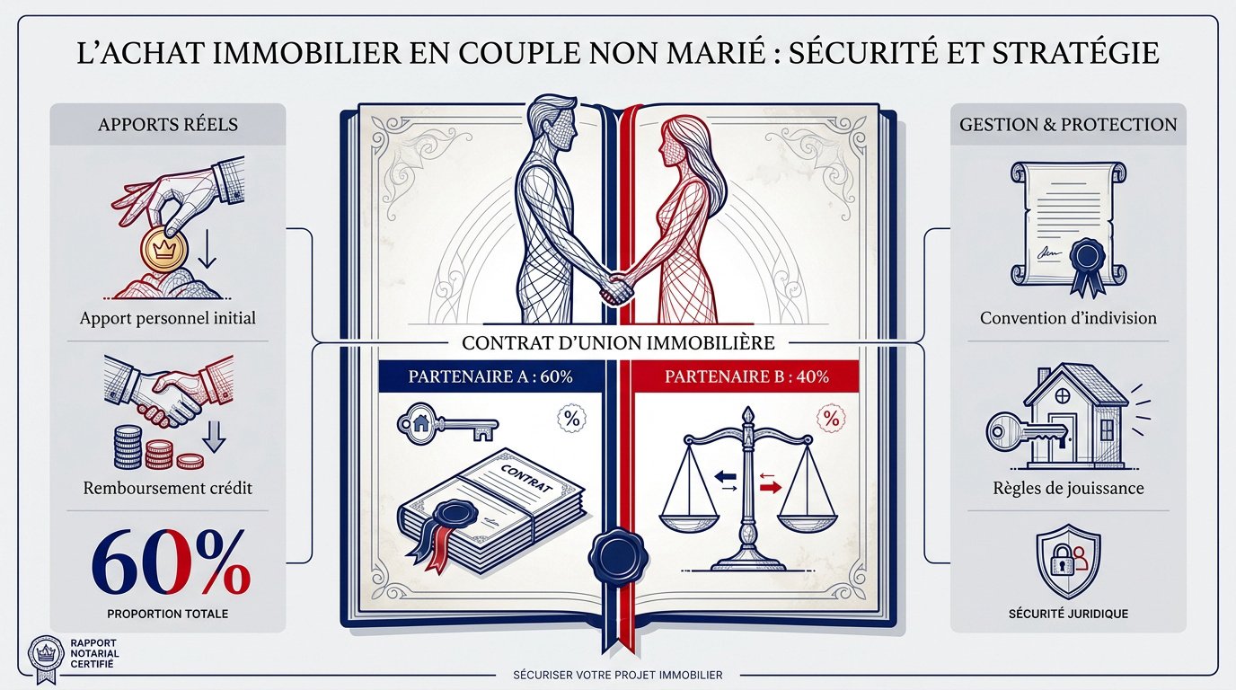 Couple non marié signant un acte d'achat immobilier chez un notaire
