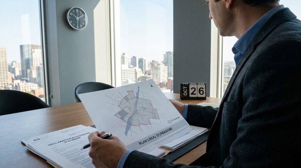 Un professionnel en costume examine un plan d'urbanisme et une déclaration d'intention d'aliéner dans un bureau moderne.