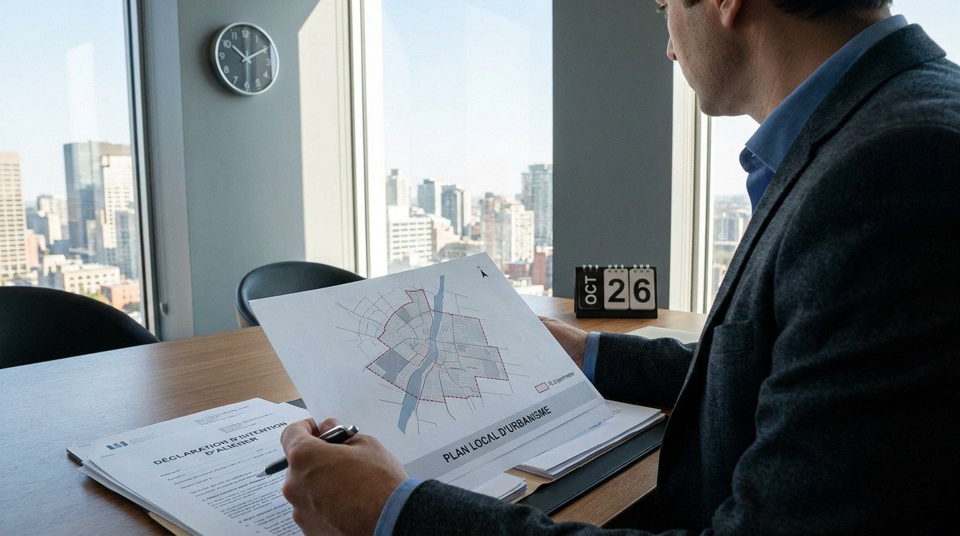 Un professionnel en costume examine un plan d'urbanisme et une déclaration d'intention d'aliéner dans un bureau moderne.