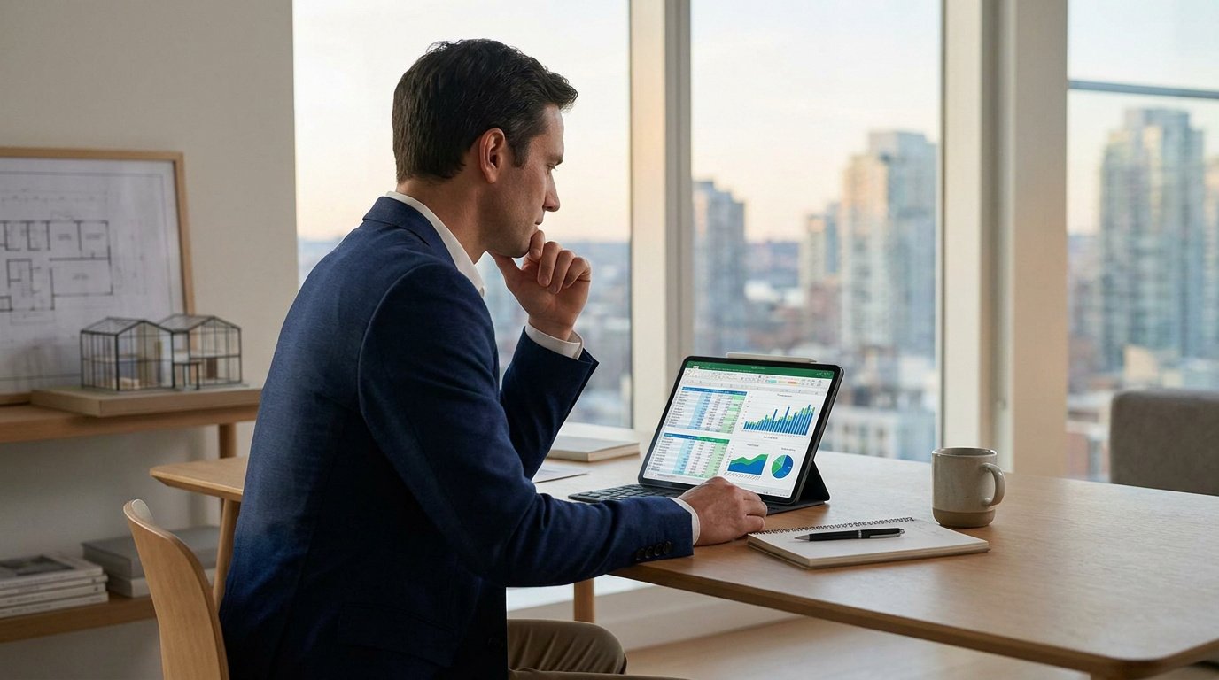 Un professionnel en costume devant une tablette affichant des graphiques financiers dans un bureau avec vue sur la ville.