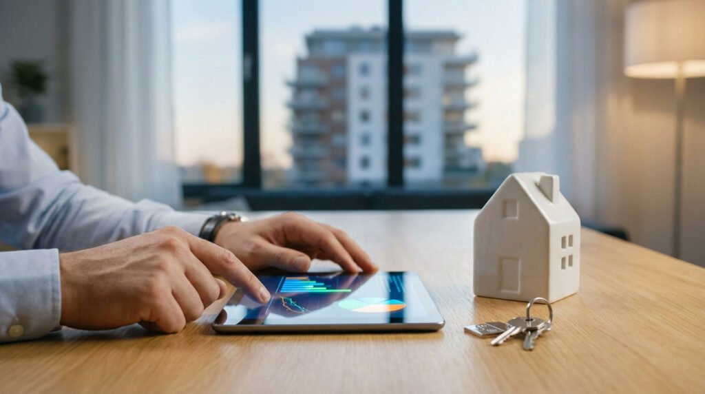Un homme consulte des graphiques financiers sur une tablette à côté d'une petite maison miniature et de clés.