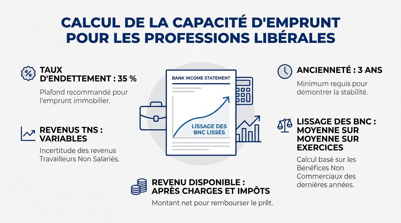 Simulation de capacité d'emprunt pour un professionnel libéral avec calculatrice et documents comptables