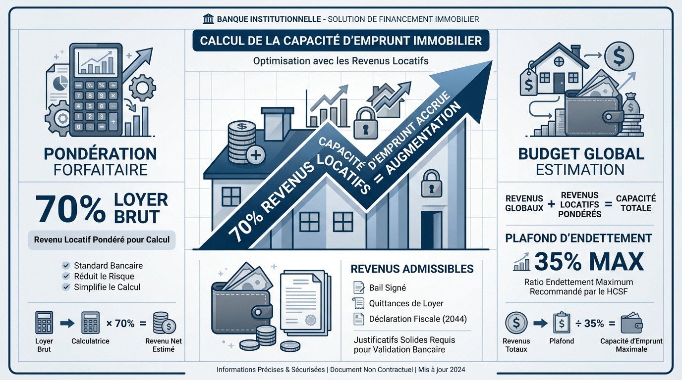 Graphique illustrant le calcul de la capacité d'emprunt avec revenus locatifs et décote bancaire