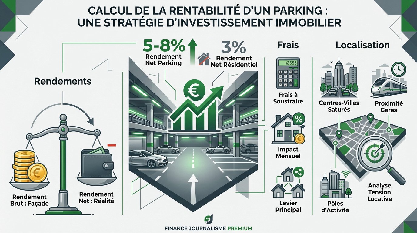 Graphique d'analyse de la rentabilité nette d'un parking incluant les charges et frais de notaire