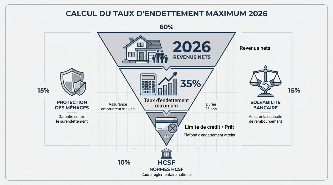 Graphique illustrant le calcul du taux d'endettement maximum autorisé en 2026