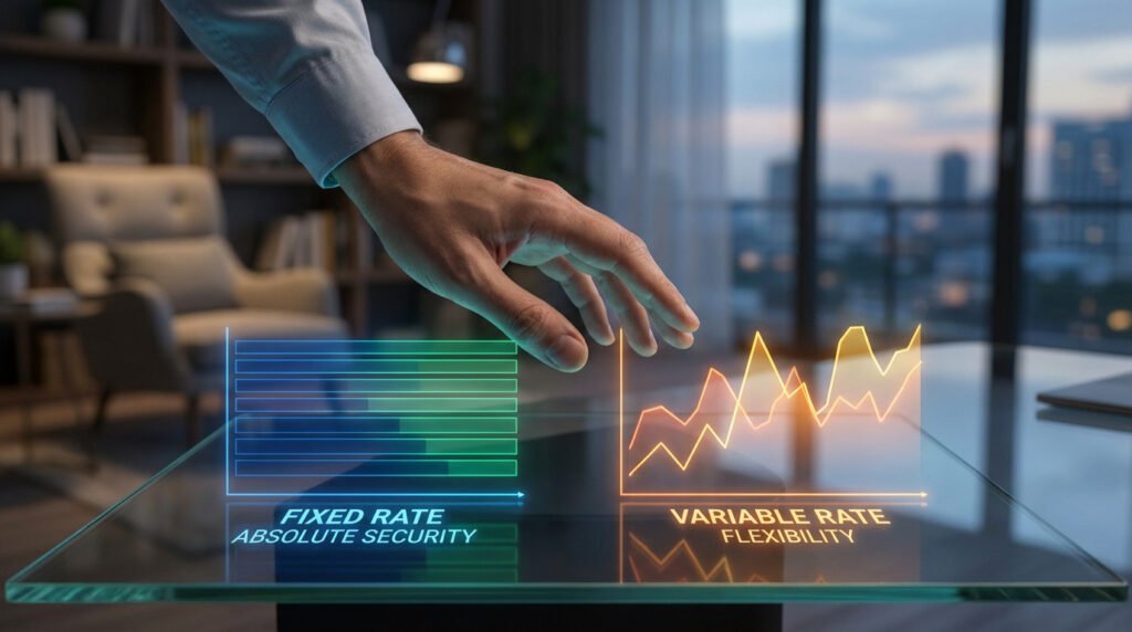Une main interagit avec des graphiques holographiques comparant la sécurité d'un taux fixe à la flexibilité d'un taux variable.