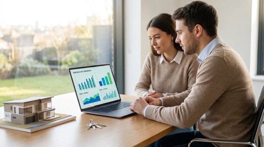 Un couple consulte un graphique de taux hypothécaires sur un ordinateur portable à côté d'une maquette de maison.